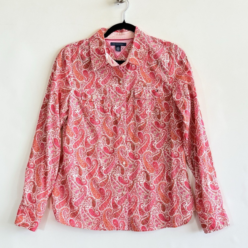 Tommy Hilfiger Button Front Shirt Womens Medium‎ Orange Pink Paisley Coastal Top